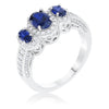 Rhodium Plated 3-Stone Sapphire Blue Oval Cut CZ Halo Ring