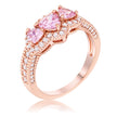 Rose Gold Plated 3-Stone Trillion Cut Pink CZ Halo Pave Ring