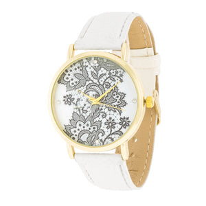 Gold Watch With Floral Print Dial