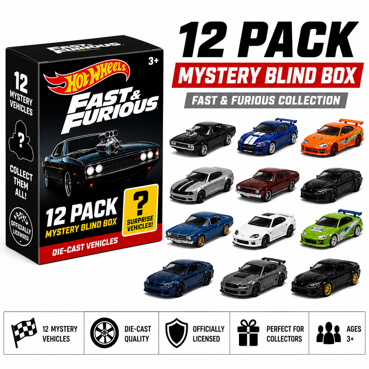 Hot Wheels Fast & Furious 1:64 Scale Mystery Blind Box | 12 Pack Diecast