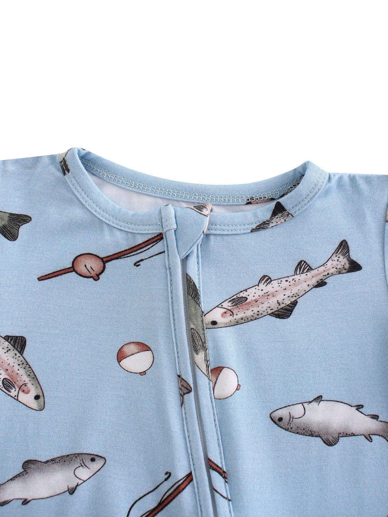 PoshTOT Blue Fish Bamboo Baby Convertible Zippy Romper
