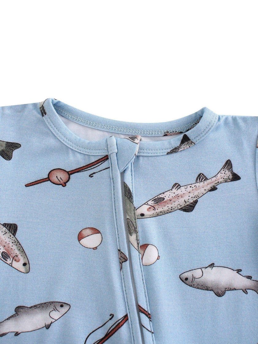 PoshTOT Blue Fish Bamboo Baby Convertible Zippy Romper