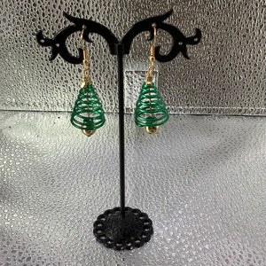 Green Christmas trees with gold bells earrings