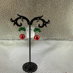 Green bows and red Christmas bulb earrings