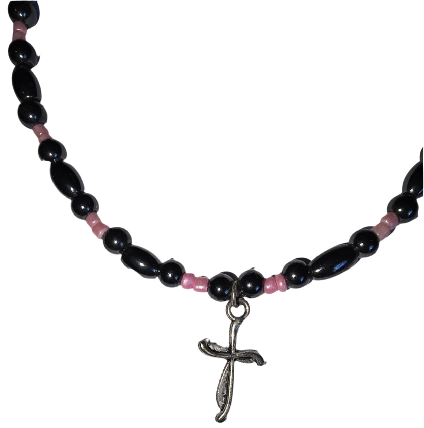 Black and Pink Magnetic Anklet with Cross