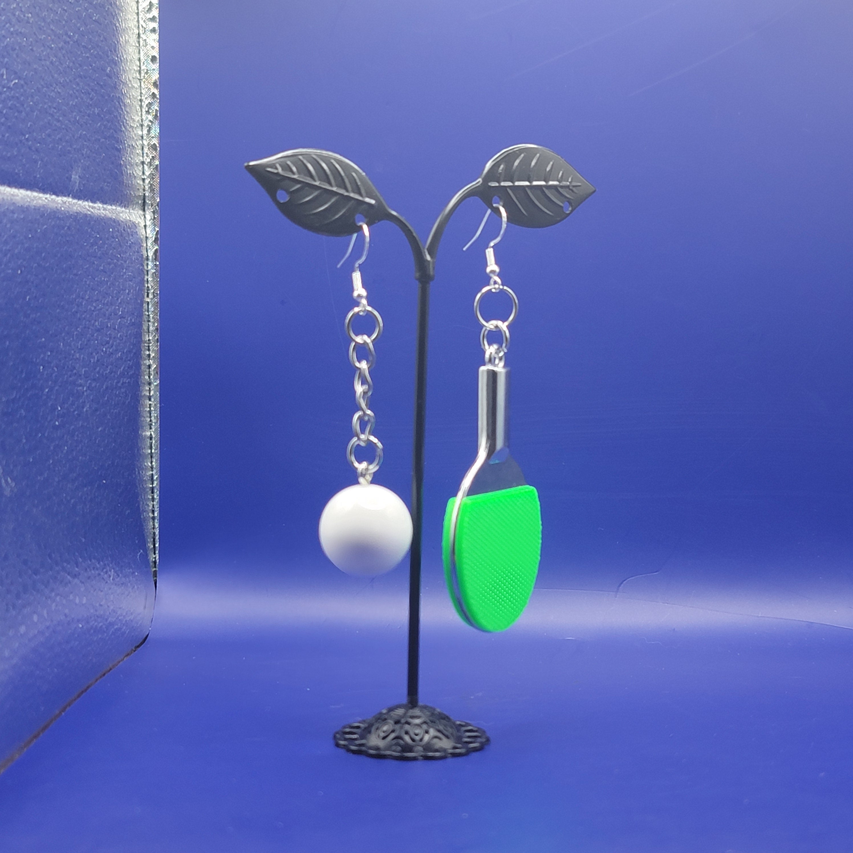 Green ping pong paddle and ball earrings