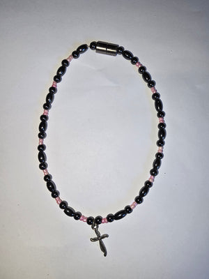 Black and Pink Magnetic Anklet with Cross