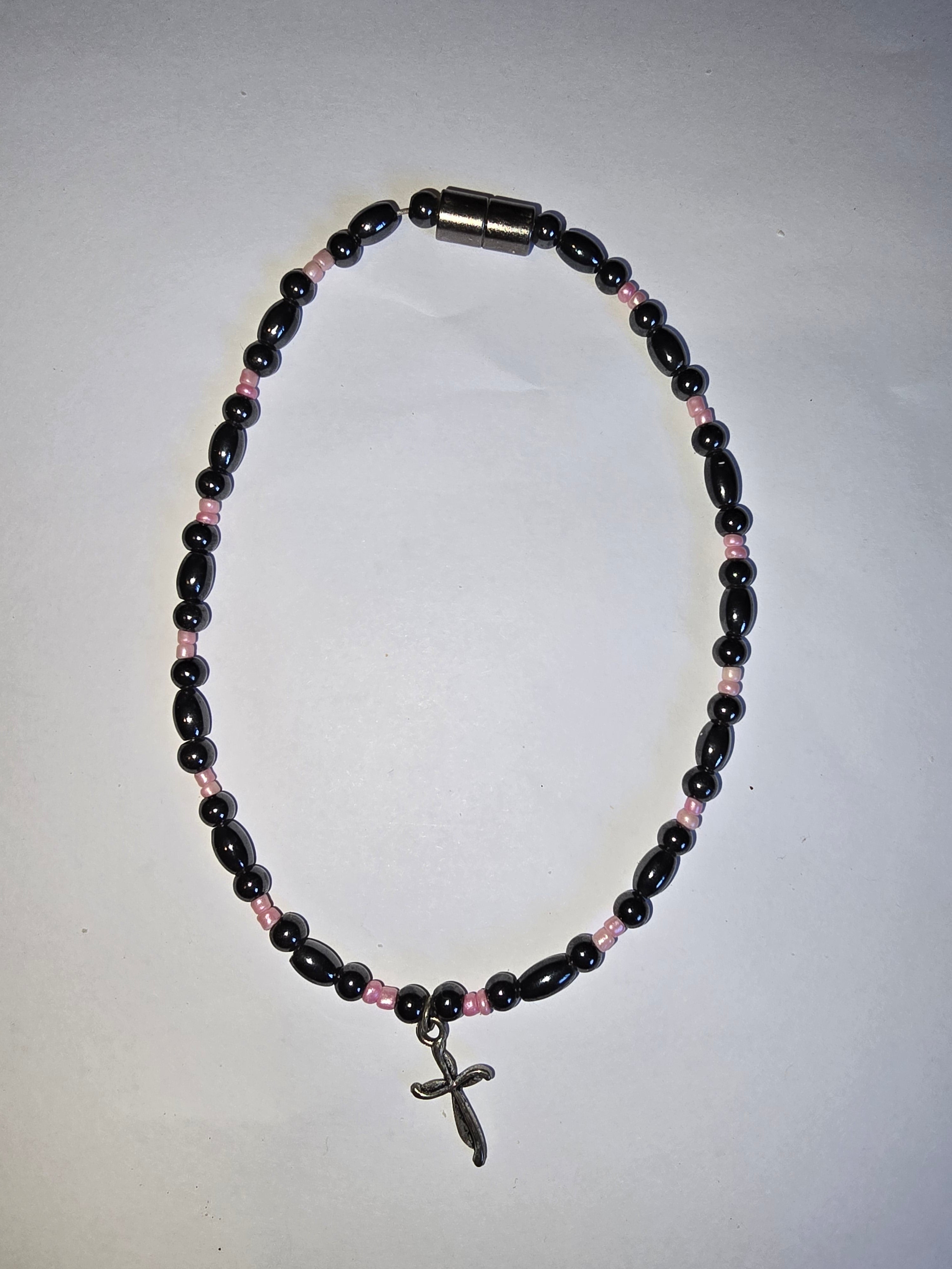 Black and Pink Magnetic Anklet with Cross