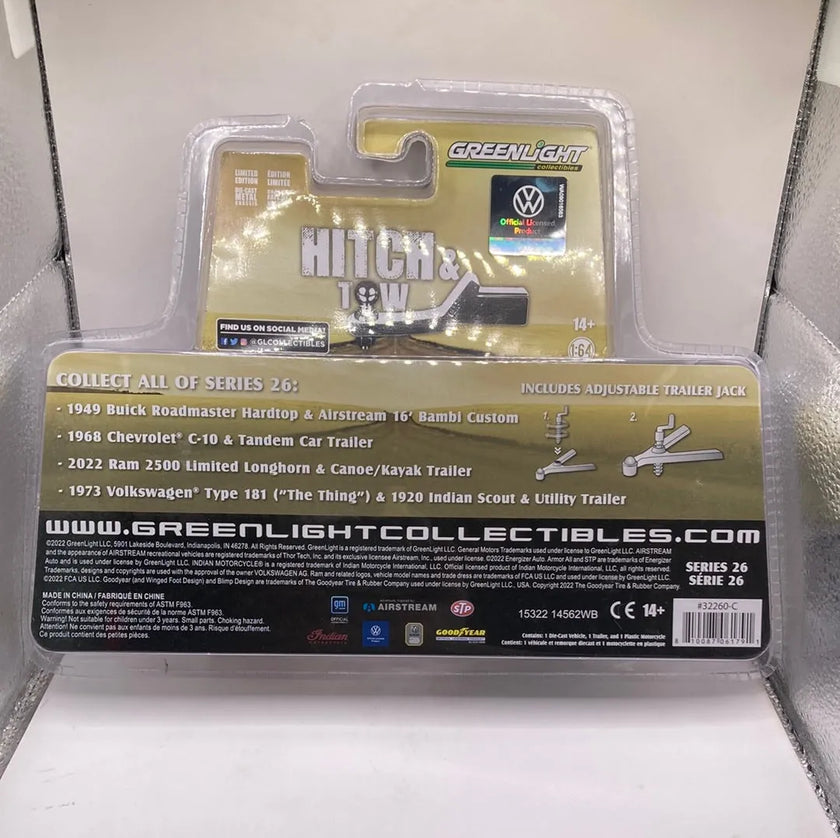 Greenlight 1973 Volkswagen Type 181 (The Thing) & 1920 Indian Scout & Utility Trailer Diecast